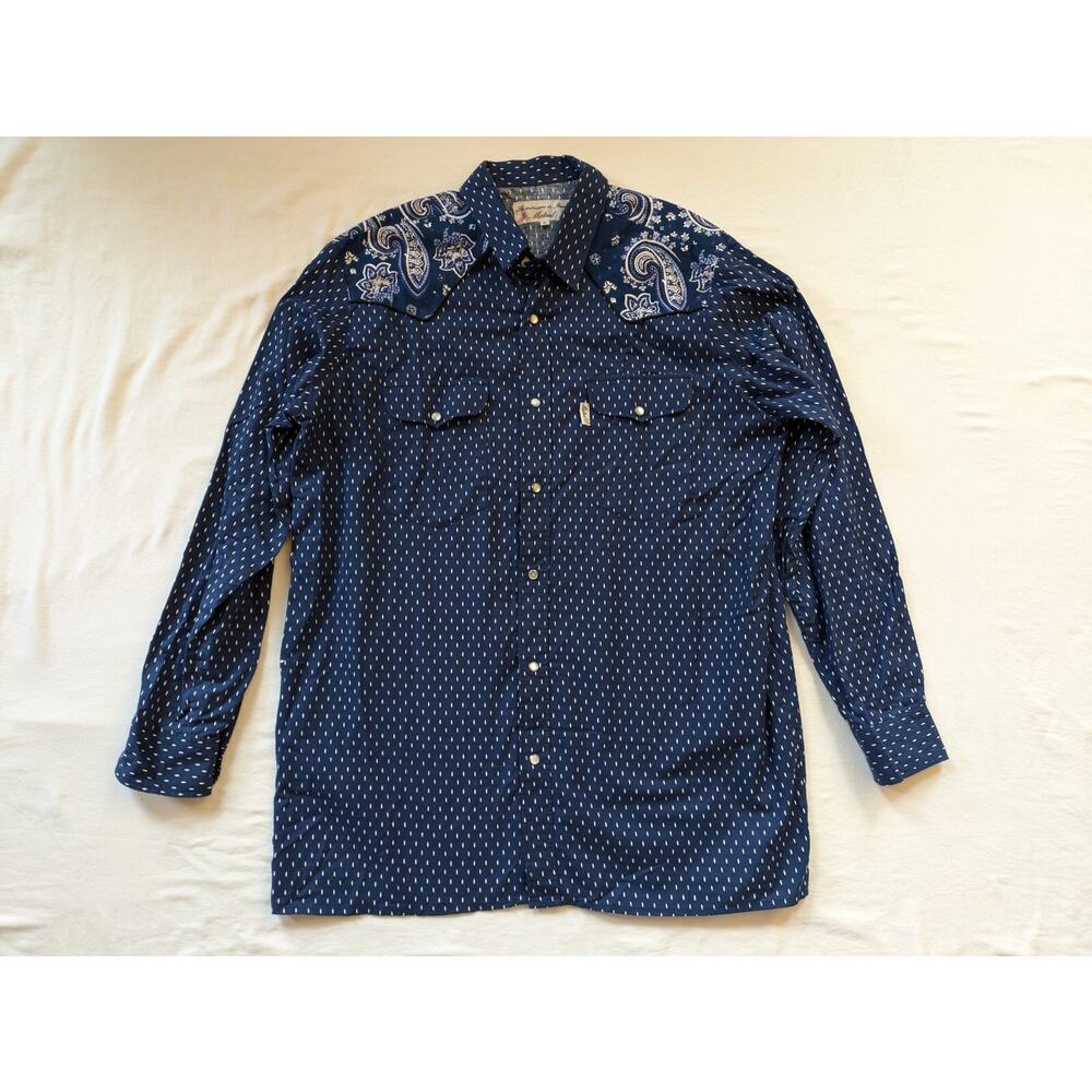 Vintage Western Cowboy Style Mistral de Nimes Navy Dot, Paisley Shirt Pearl Snap